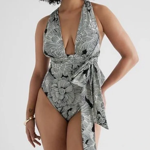 Express Floral Plunge Swimsuit Bodysuit - Picture 2 of 8